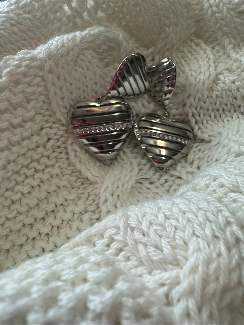 Stainless steel Heart Drop Earrings - Polished Ribbed Design
